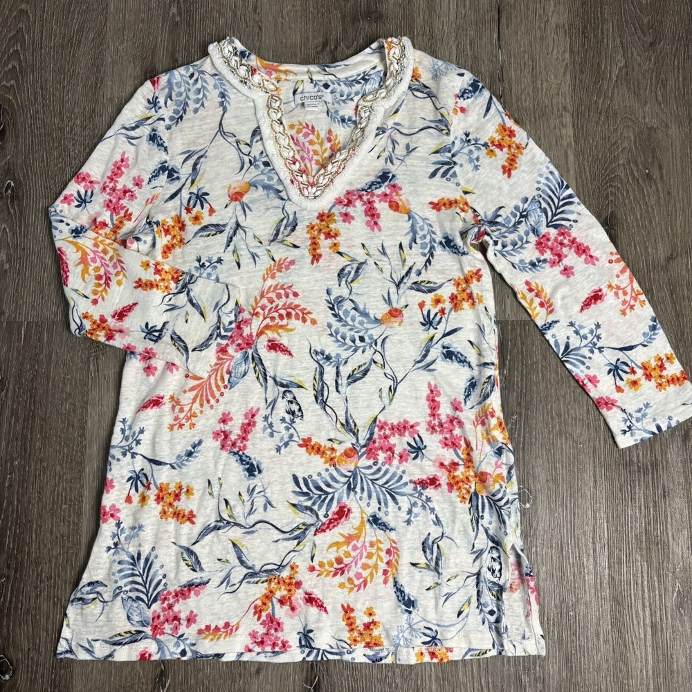 Chico's Linen‎ Nautical Embellished Tunic Women's S Floral 804886